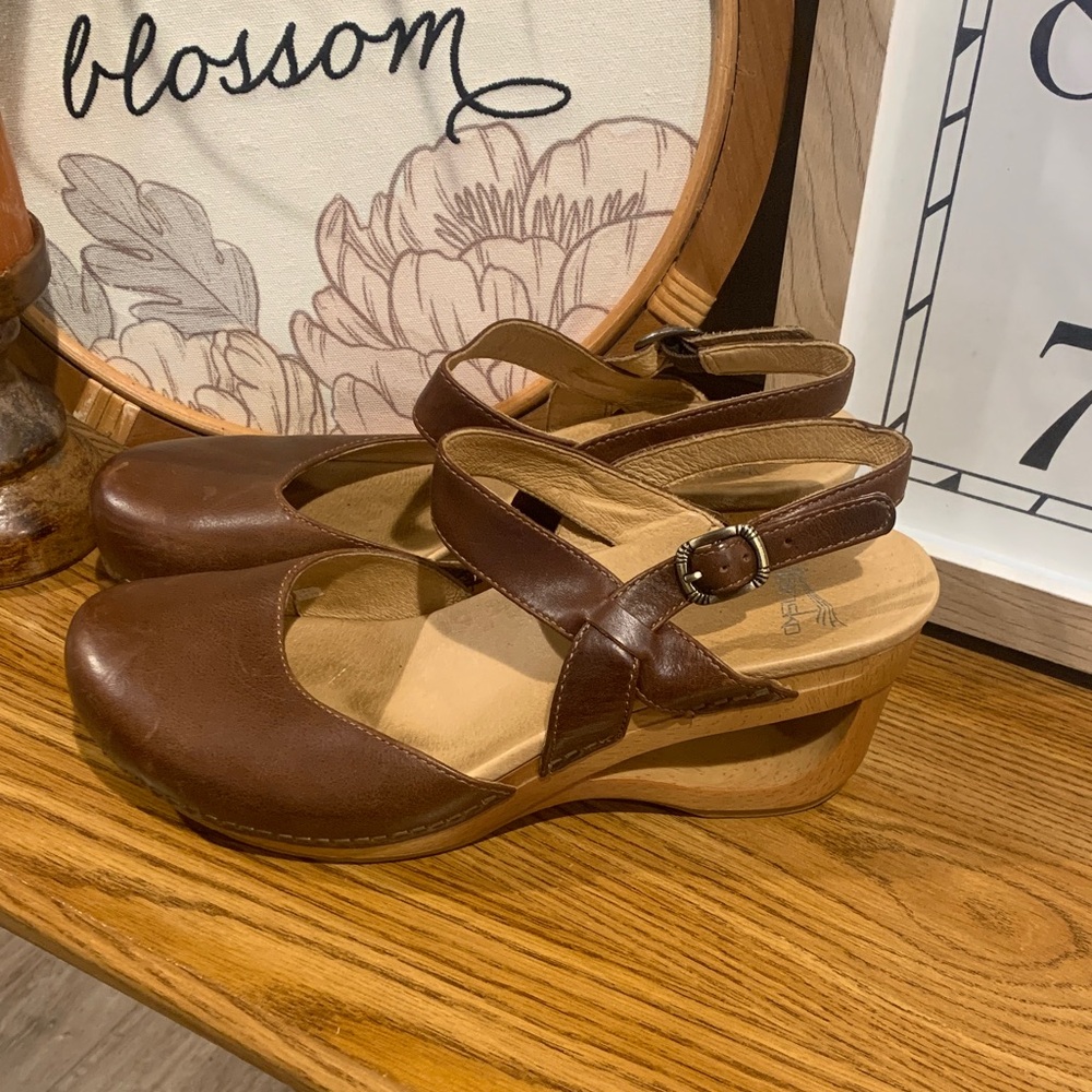 Dansko Brown Leather Slingback Clog Wedges
